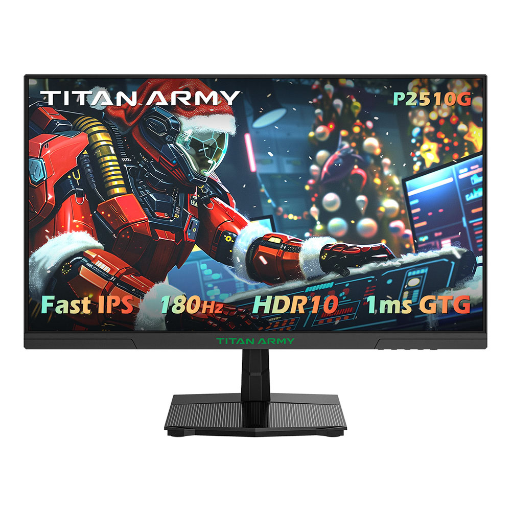 

TITAN ARMY P2510G Gaming Monitor, 24.5'' 1920*1080 FAST IPS Screen, 180Hz Refresh Rate, HDR10, 99% sRGB, 1ms GTG, Adaptive Sync, Dynamic OD, Game Assist, 8 Scene Modes, Hardware Low Blue Light, Adjustable Tilt, VESA Mount, 1*HDMI2.0 1*DP1.4 1* Audio, Blac