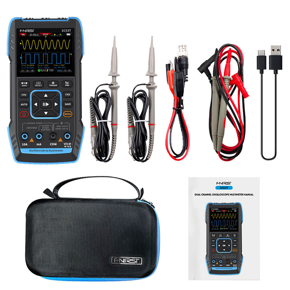 FNIRSI 2C53T 3in1 Oscilloscope Multimeter, Signal Generator, Dual Channel 50MHz Bandwidth, 250MS/s Sampling Rate, 19999 Counts, Voltage, Current, Capacitor, Resistor, Diode Test - Premium Version