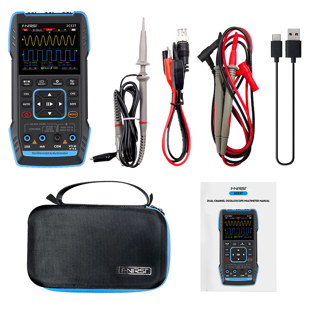 FNIRSI 2C53T 3in1 Oscilloscope Multimeter, Signal Generator, Dual Channel 50MHz Bandwidth, 250MS/s Sampling Rate, 19999 Counts, Voltage, Current, Capacitor, Resistor, Diode Test - Standard Version