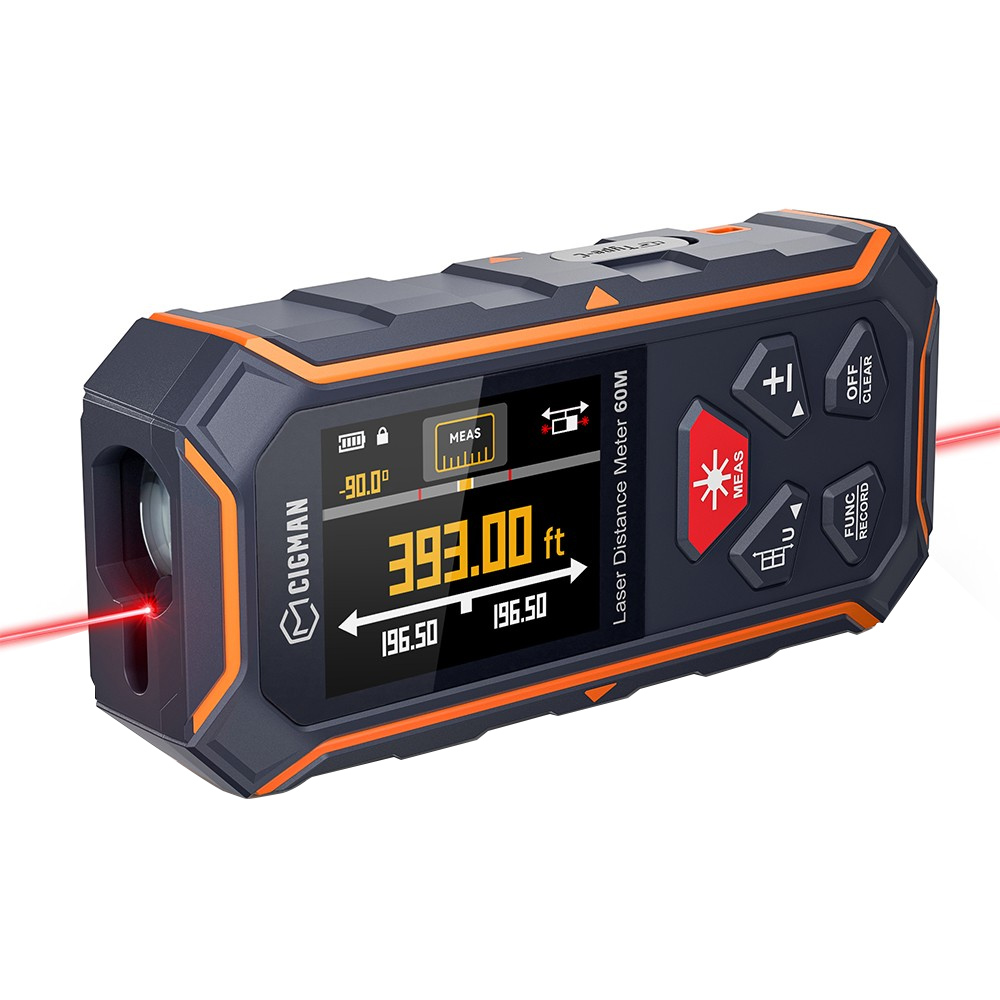 CIGMAN CD-60R 393Ft/120M Bilateral Red Laser Measure, LCD Display, with 6 Units Ft/in/M, Angle Sensor, Multiple Measure Mode, Magnetic Back