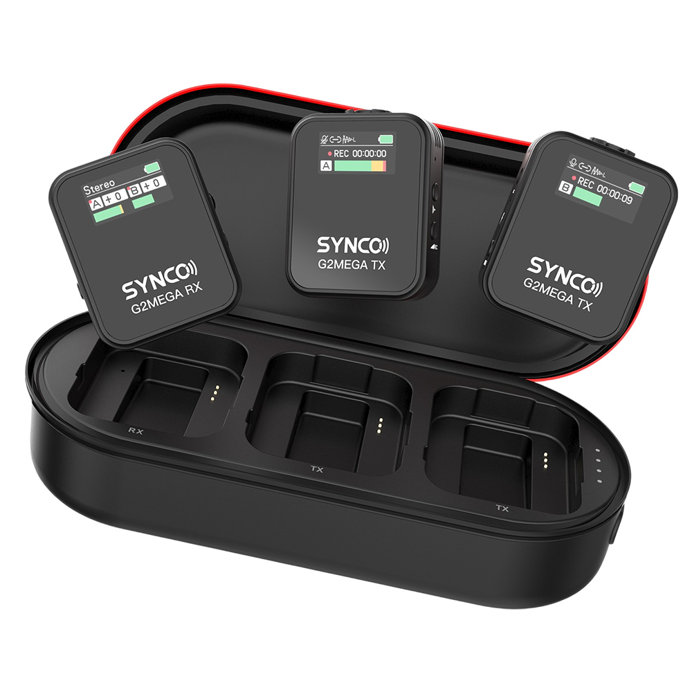 

SYNCO G2 Mega Wireless Microphone for Filming, 200m Transmission, Built-in 8GB Memory, TFT Display Screen, Up to 24 Hours Recording Time - A2 Version (2 x Transmitter + 1 x Receiver), Black