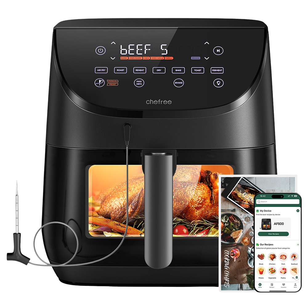 CHEFREE AF500 1700W 6.5L Air Fryer, with Smart Probe Thermometer, 8-in-1 Cooking Modes, Rapid 230℃ Heating, Shake Reminder - Black