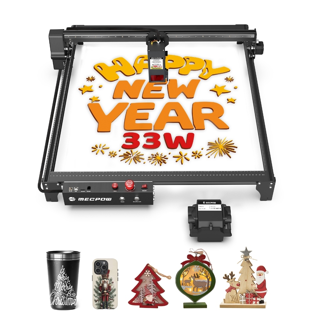 

Mecpow X5 Pro Laser Engraver Cutter, 33W Laser Power, Auto Air Assist, 0.08x0.1mm Laser Spot, 28000mm/min Engraving Speed, Safety Lock, Emergency Stop, Flame Detection, Offline Engraving, 600x600mm