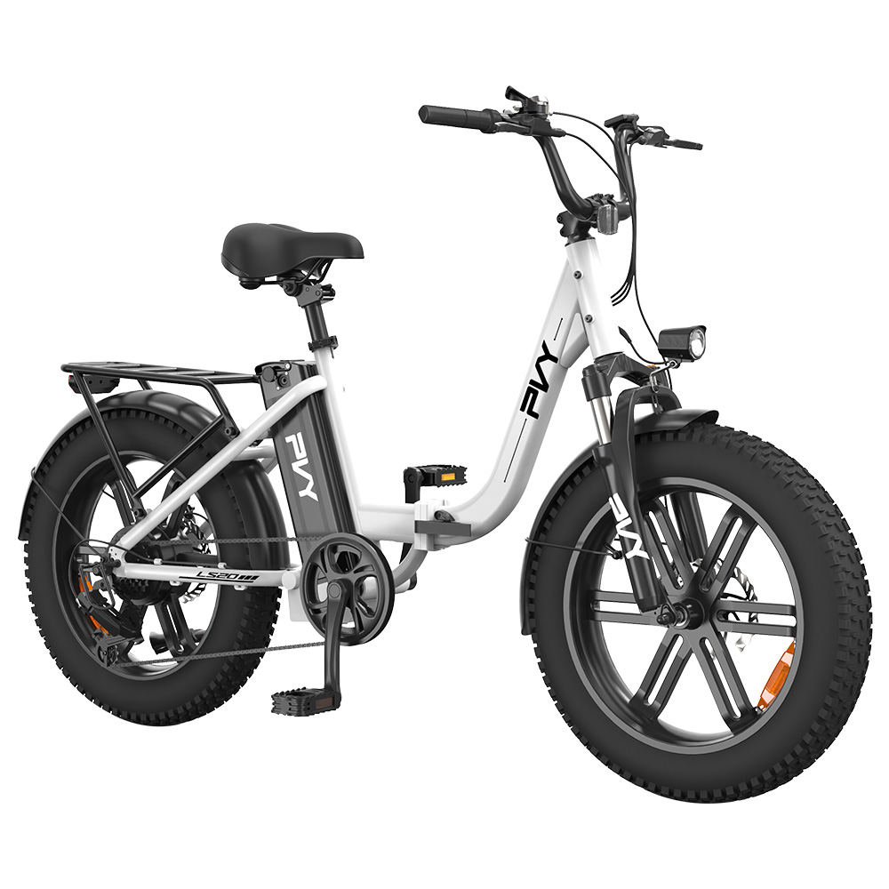 PVY LS20 Electric Bike, 250W Motor, 48V 16.5Ah Battery, 20*4.0-inch Fat Tires, 25km/h Max Speed, 100km Range, Hydraulic Brake, Lockable Shock Absorbing Fork, Shimano 7-speed, LCD Display - White