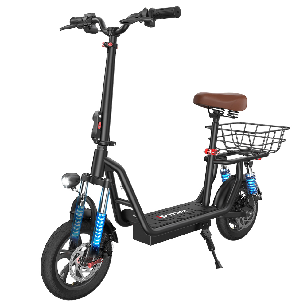 iScooter i12 Electric Scooter with Seat & Rear Basket, 500W Motor, 36V 7.5Ah Battery, 12-inch Pneumatic Tire, 25km/h Max Speed, 35km Max Range, Dual Disc Brakes, Dual Shock Absorption