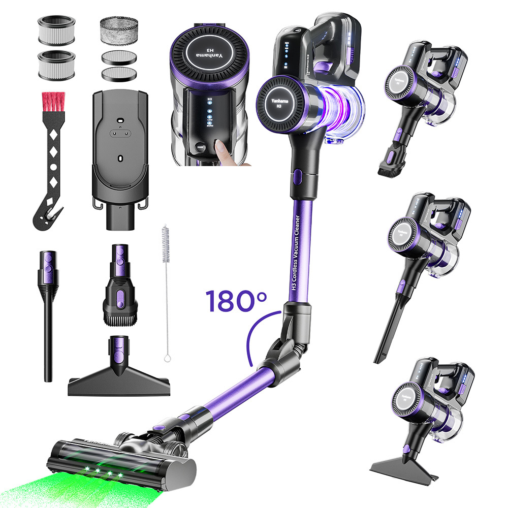 Yanhama H3 Cordless Vacuum Cleaner, 38kPa/550W Powerful Suction, 60min Max Runtime, 180° Swivel Handle, Green LED Light, for Hard Floors/Carpets/Pet Hair - Purple