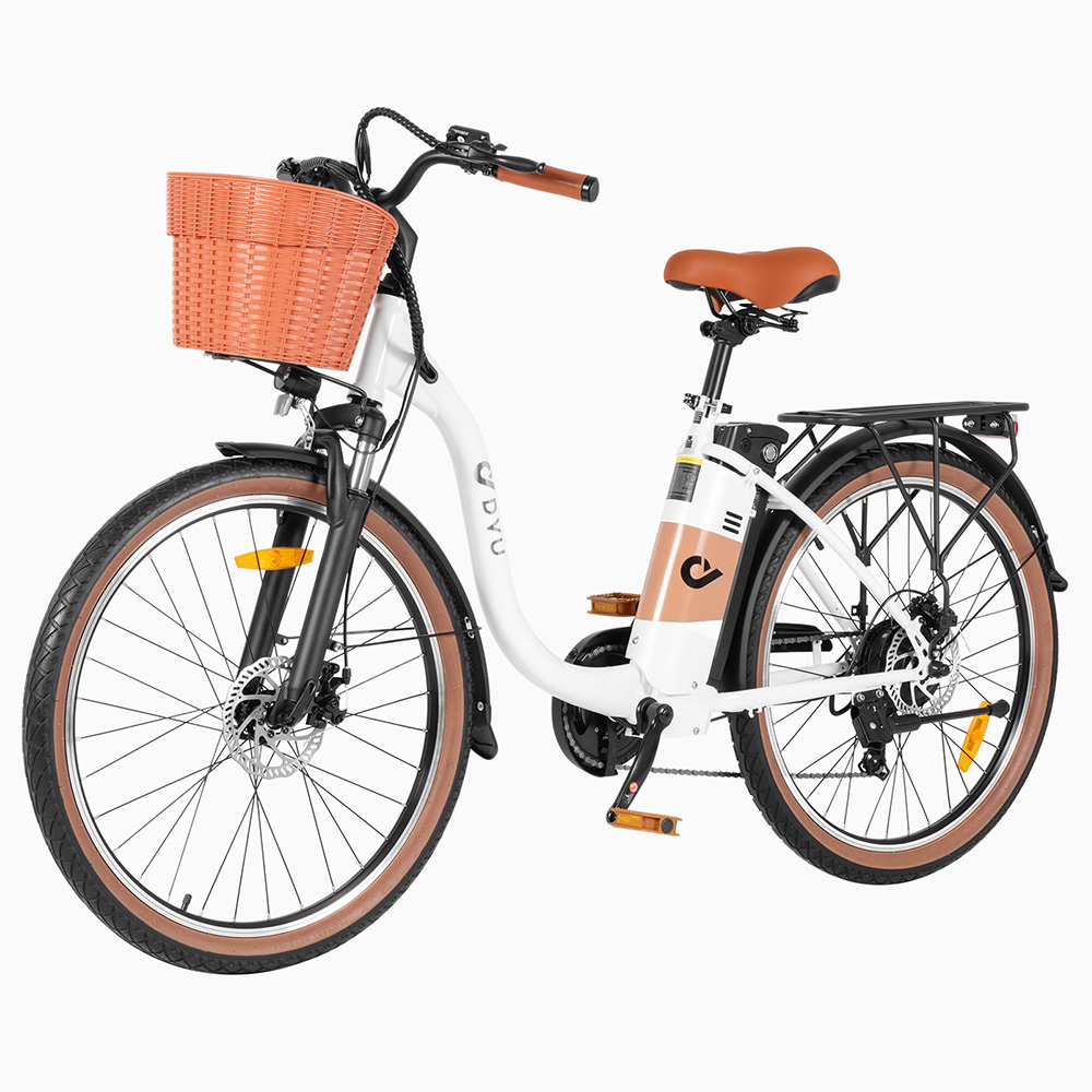 DYU C6 Pro elektromos kerékpár, 250 W-os motor, 36 V-os 15,6 Ah-s akkumulátor, 26 x 2,125 hüvelykes gumiabroncs, 25 km/h maximális sebesség, 80 km-es hatótávolság, tárcsafék, első villa felfüggesztés, Shimano 7 sebességes váltó, LED kijelző - fehér