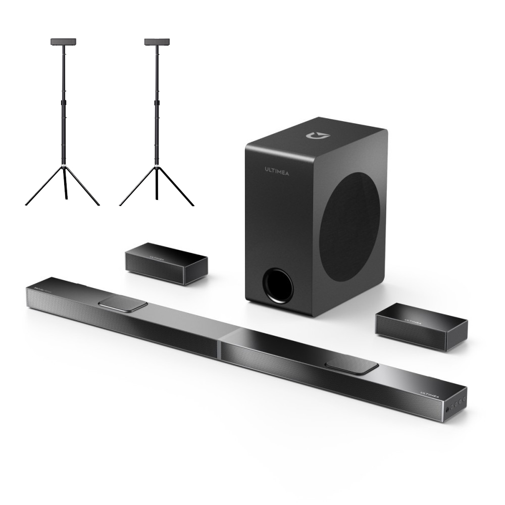 

Ultimea Nova S80 5.1.2CH Soundbar + 1 Pair * Steady 300 Speaker Stands, Dolby Atmos, 520W Peak Power, 8" Wireless Subwoofers, Home Theater Surround Sound System for TV, 2 Upward-firing Drivers, 4K HDR, Black