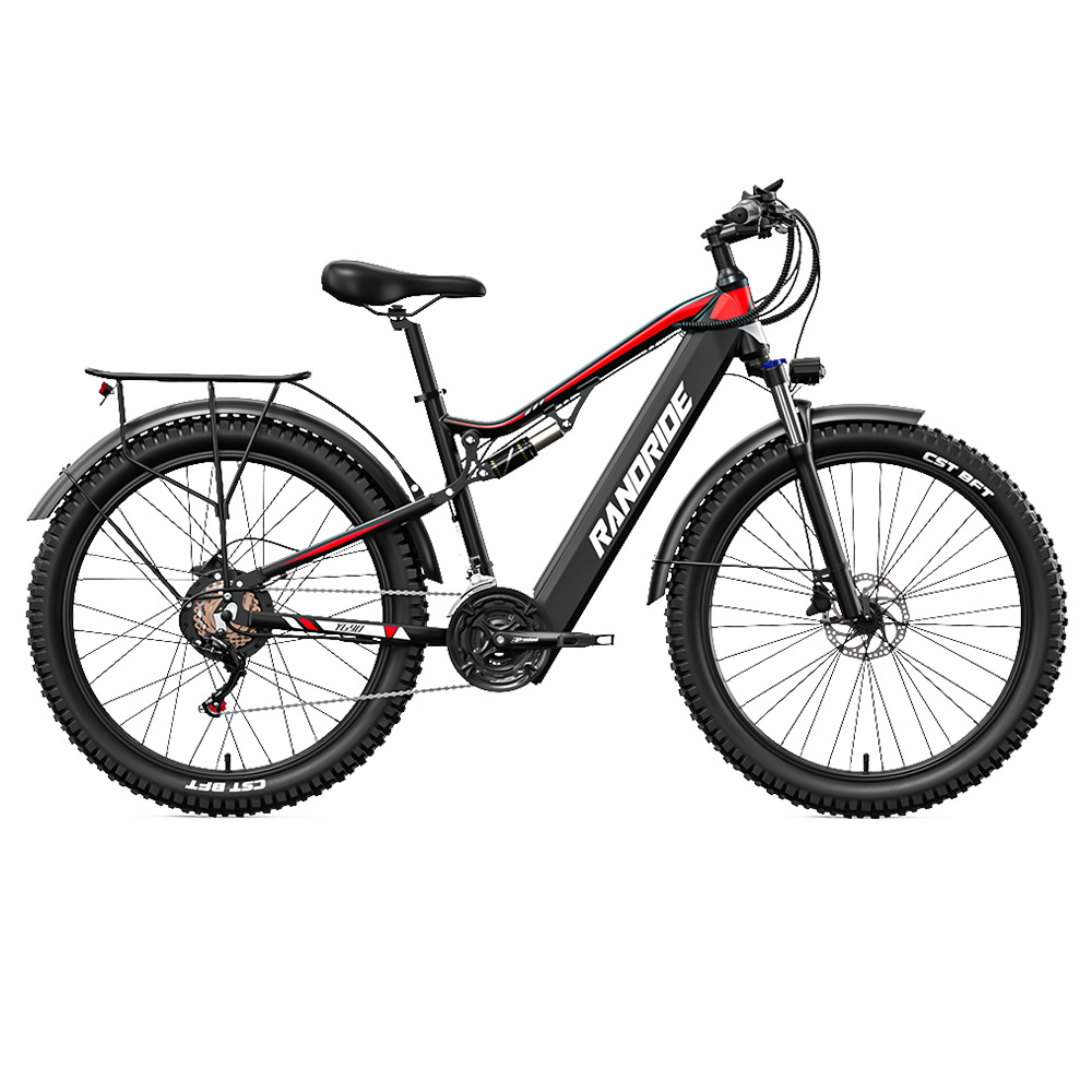 

RANDRIDE YG90B Electric Bike 1000W Motor 45km/h Max Speed 48V 17Ah Removable battery 80-90KM Max Range 27.5*2.4'' CST Tires 120kg Load Shimano 21 Gears Hydraulic brake - Black & Red