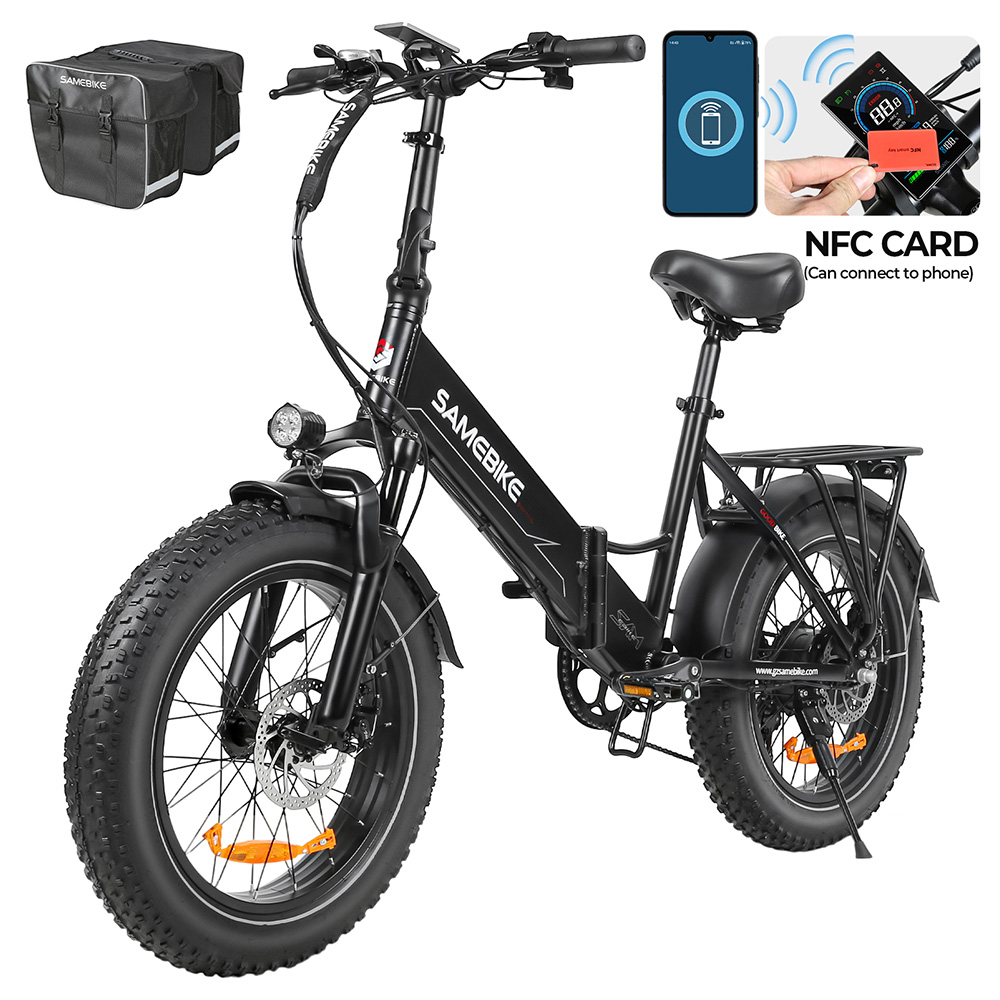 

SAMEBIKE LOTDM200-II-FT Folding Electric Bike, 750W Motor, 48V 13Ah Battery, 20*4 Inch Fat Tire, 40km/h Max Speed, 80km Range, Dual Suspension System, Mechanical Disc Brakes, NFC Smart Display, Shimano 7 Speed - Black