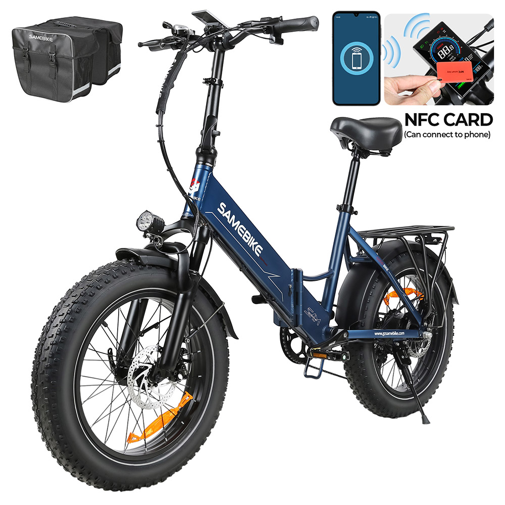 

SAMEBIKE LOTDM200-II-FT Folding Electric Bike, 750W Motor, 48V 13Ah Battery, 20*4 Inch Fat Tire, 40km/h Max Speed, 80km Range, Dual Suspension System, Mechanical Disc Brakes, NFC Smart Display, Shimano 7 Speed - Blue