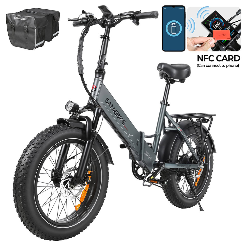 

SAMEBIKE LOTDM200-II-FT Folding Electric Bike, 750W Motor, 48V 13Ah Battery, 20*4 Inch Fat Tire, 40km/h Max Speed, 80km Range, Dual Suspension System, Mechanical Disc Brakes, NFC Smart Display, Shimano 7 Speed - Grey, Gray