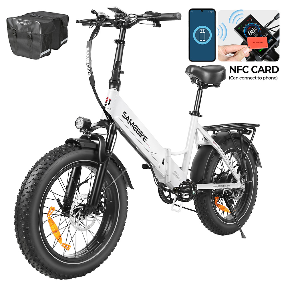 SAMEBIKE LOTDM200-II-FT Folding Electric Bike, 750W Motor, 48V 13Ah Battery, 20*4 Inch Fat Tire, 40km/h Max Speed, 80km Range, Dual Suspension System, Mechanical Disc Brakes, NFC Smart Display, Shimano 7 Speed - White