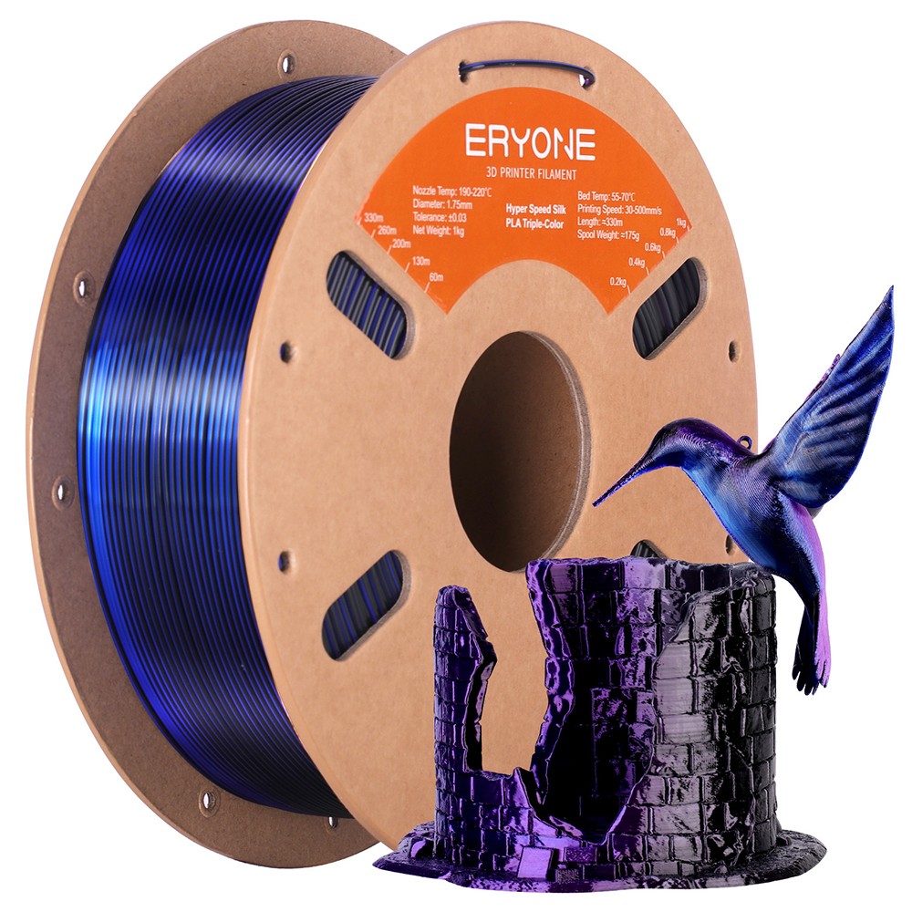 ERYONE High Speed Silk Tri-color PLA Filament 1kg, Black & Blue & Purple