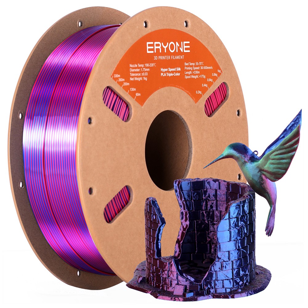 

ERYONE High Speed Silk Tri-color PLA Filament 1kg, Red & Blue & Green, Mix color