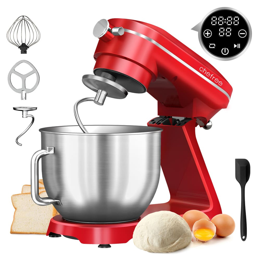 Chefree M500 Kitchen Stand Mixer, 7L Stainless Steel Bowl Dough Machine, 10 Speed Levels, 3 Mixing Attachments, 1800W Power, Red