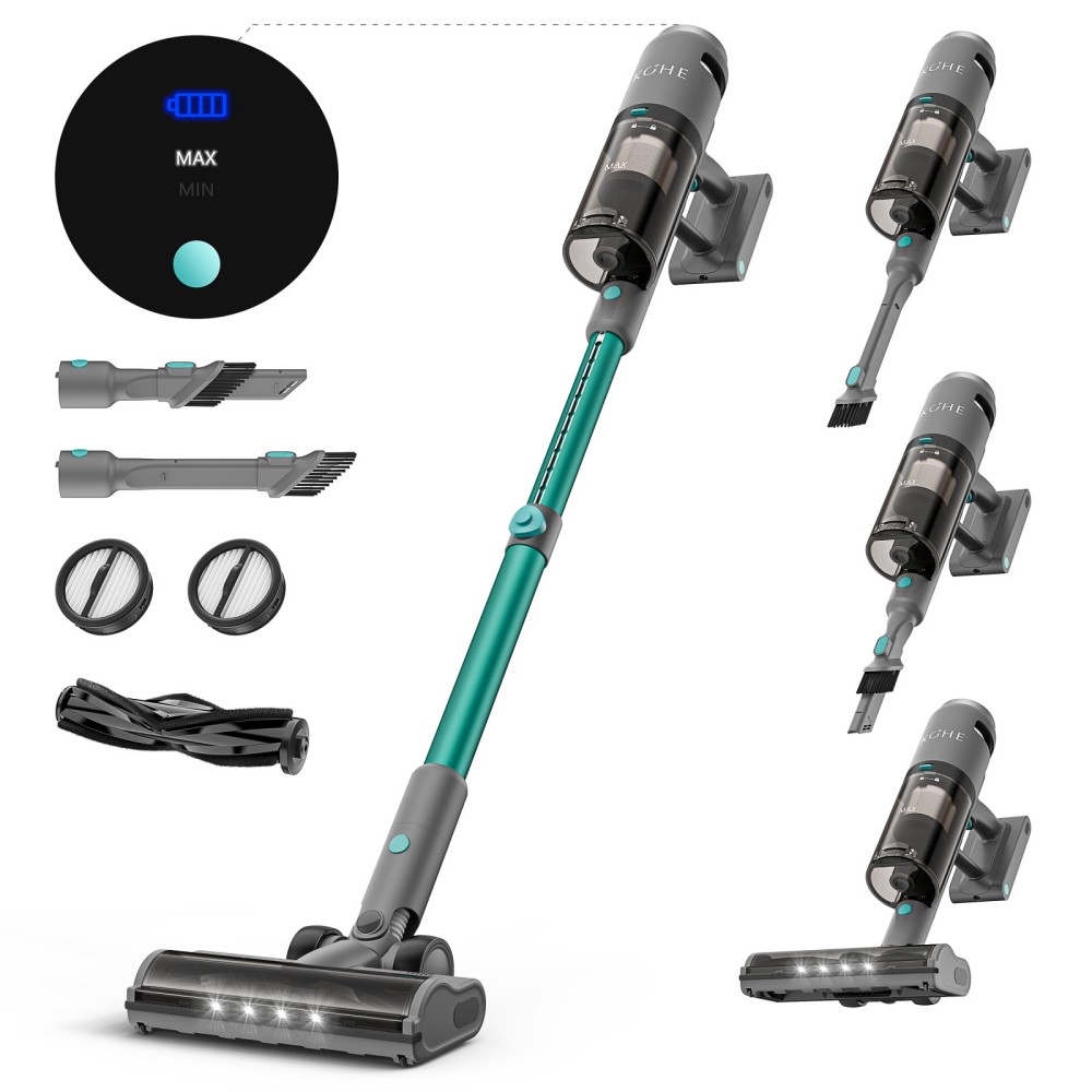 KCHE S10 Cordless Vacuum Cleaner, 33kPa 400W, 6 x 2200mAh Batteries, 55min Runtime, 6-stage Filtration, 1.5L Dust Box, Green