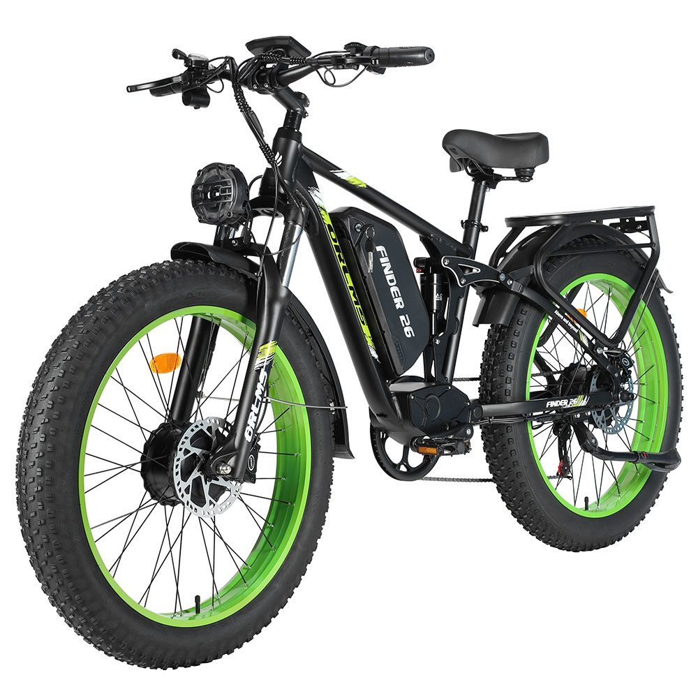 

Orlms Finder 26 Electric Bike, 2*1000W Motor, 52V 25Ah Battery, 26*4.0 inch Tires, 62km/h Max Speed, 110km Range, Hydraulic Disc Brakes, Front Suspension Fork + Rear Shock Absorber, 7-speed, LCD Display - Green