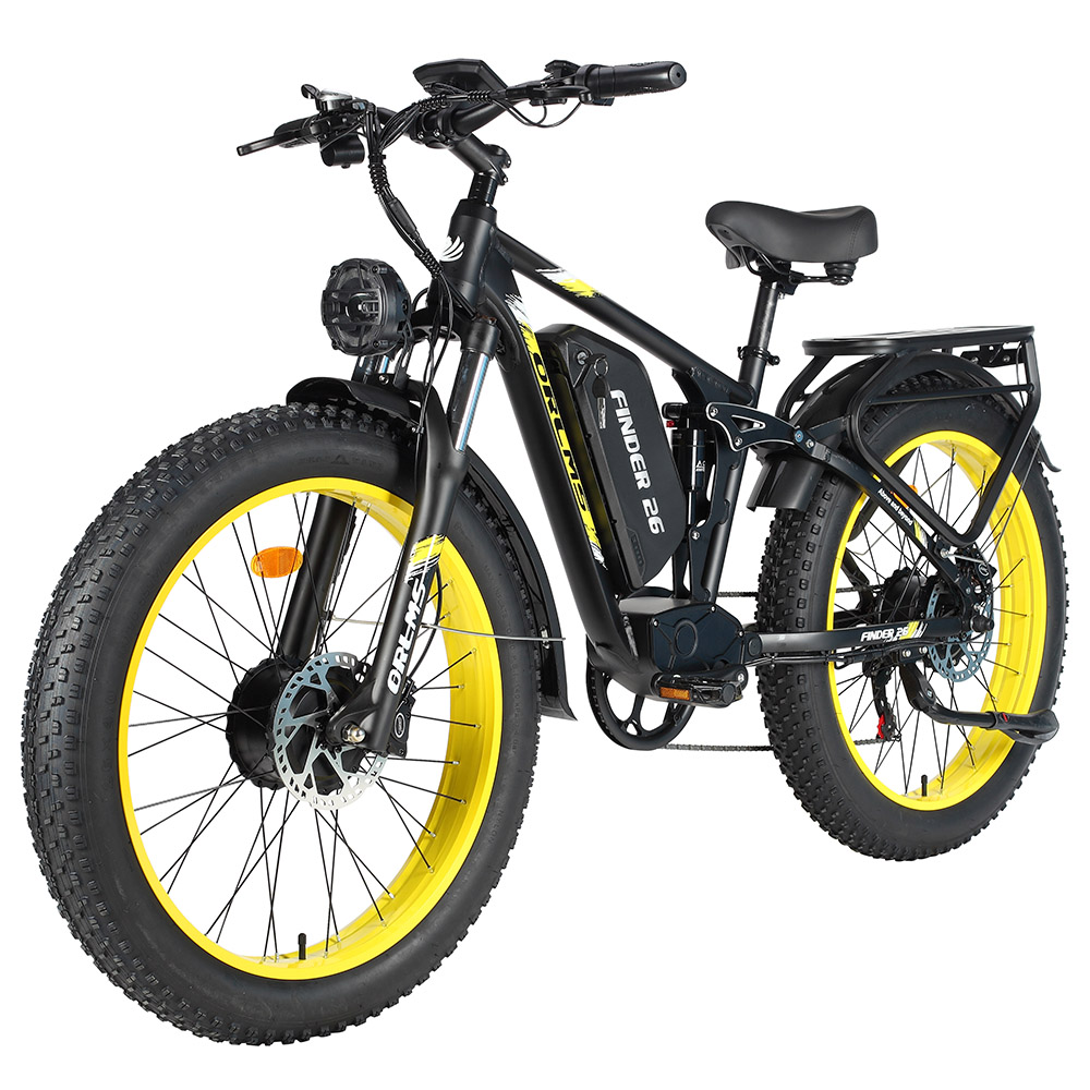 Orlms Finder 26 Electric Bike, 2*1000W Motor, 52V 25Ah Battery, 26*4.0 inch Tires, 62km/h Max Speed, 110km Range, Hydraulic Disc Brakes, Front Suspension Fork + Rear Shock Absorber, 7-speed, LCD Display - Yellow