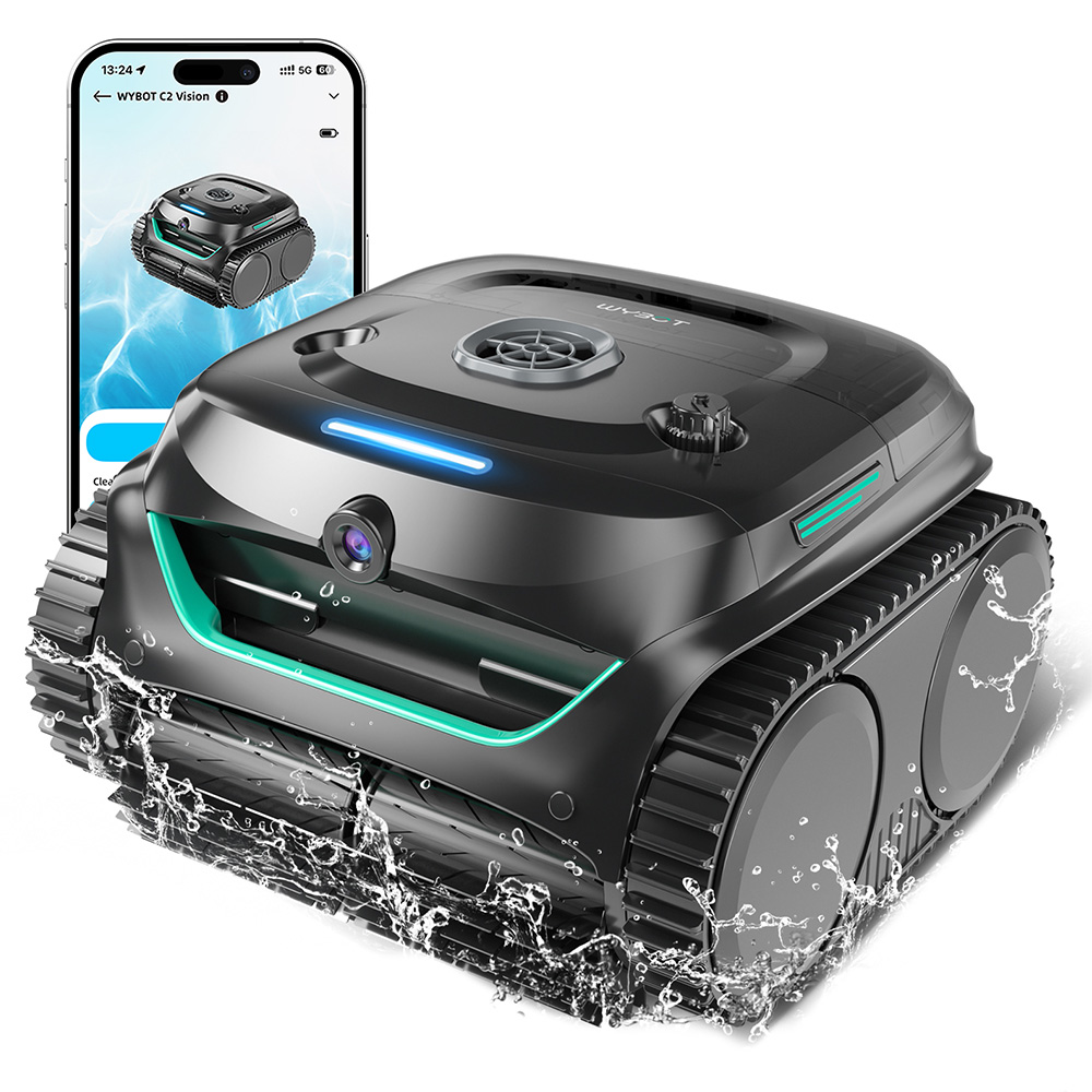 WYBOT C2 Vision Cordless Pool Robot Vacuum, Debris Detection with AI Camera, 8-in-1 Master Cleaning, Two-Layer Filtration, Brushless Motors for Powerful Suction, for Pools up to 1940Sq.ft, Black Green