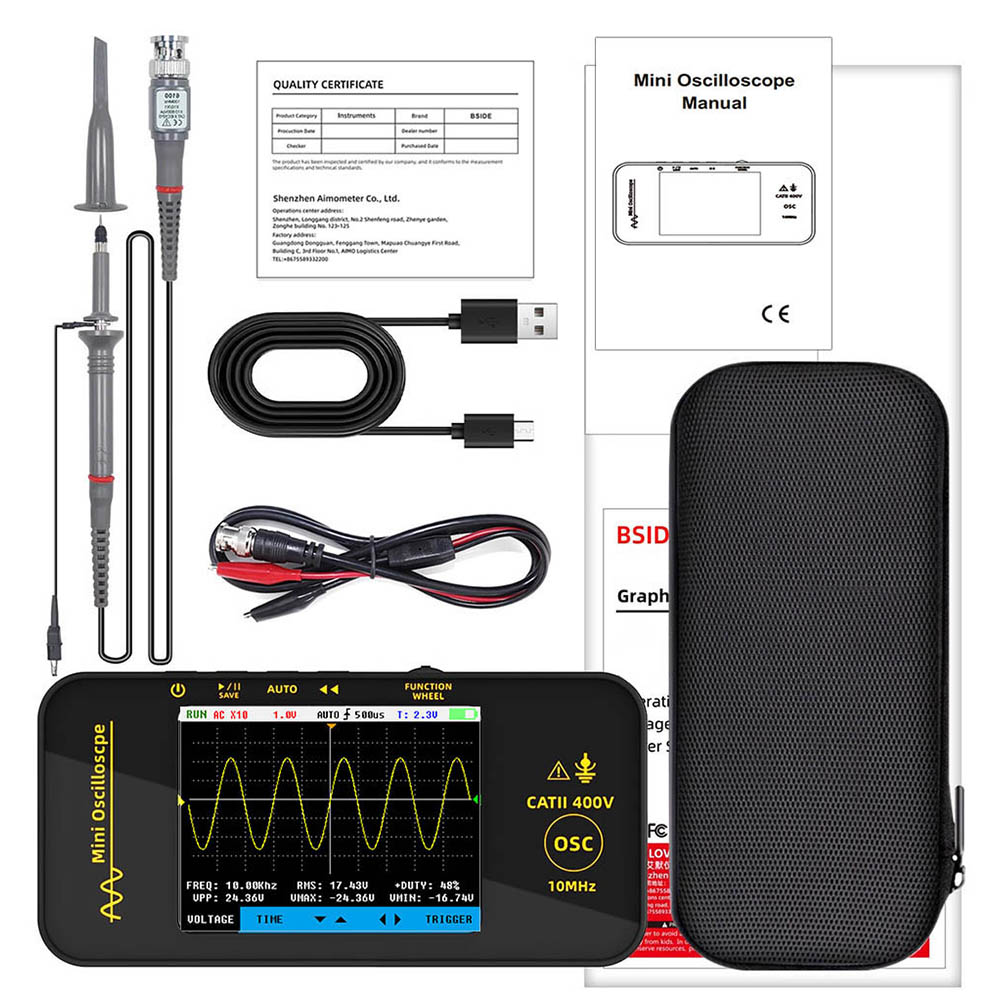 

BSIDE OT3 Oscilloscope with Probe, 3.2" TFT Color Screen, 10MHz Bandwidth, Real-Time Sampling 48MSa/s, 1200mAh Battery, for Outdoor Maintenance, Automotive Repair, and Power Detection