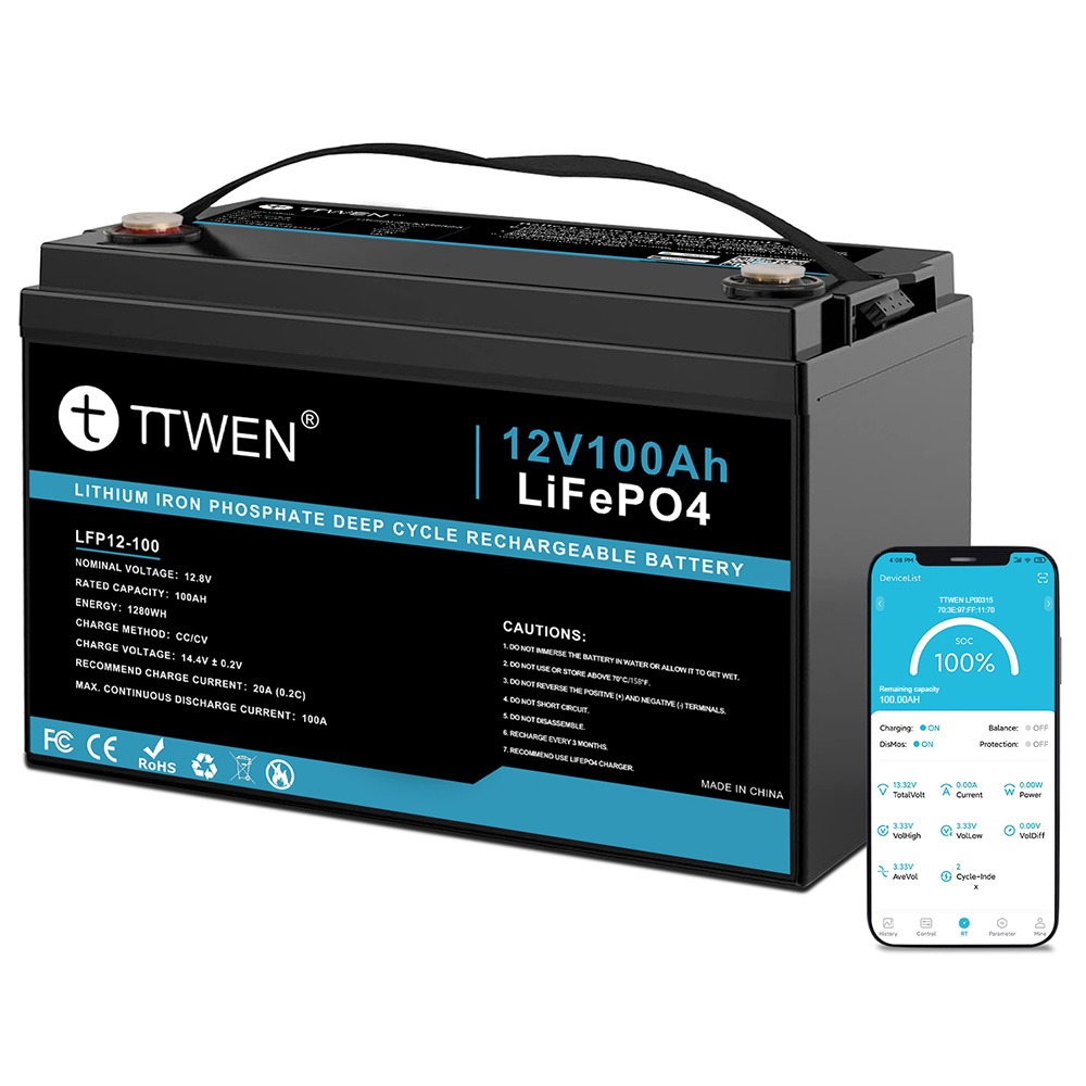 TTWEN 12V 100Ah LiFePO4 Battery, 1280Wh Energy, 4000+ Cycles Rechargeable, for RVs, Boats, Camping, and Off-Grid Power, Bluetooth 5.0