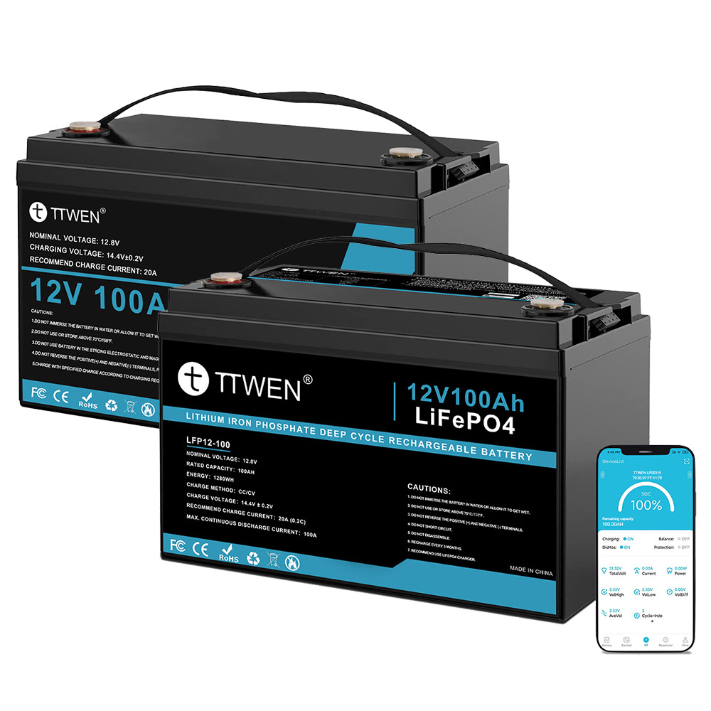 TTWEN 12V 100Ah LiFePO4 Battery Bluetooth 5.0 + 12V 100Ah LiFePO4 Battery Non-Bluetooth