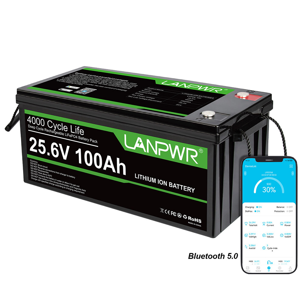 

LANPWR 24V 100Ah LiFePO4 Battery with Bluetooth 5.0, 2560Wh Energy, 4000+ Deep Cycles, Built-in 100A BMS