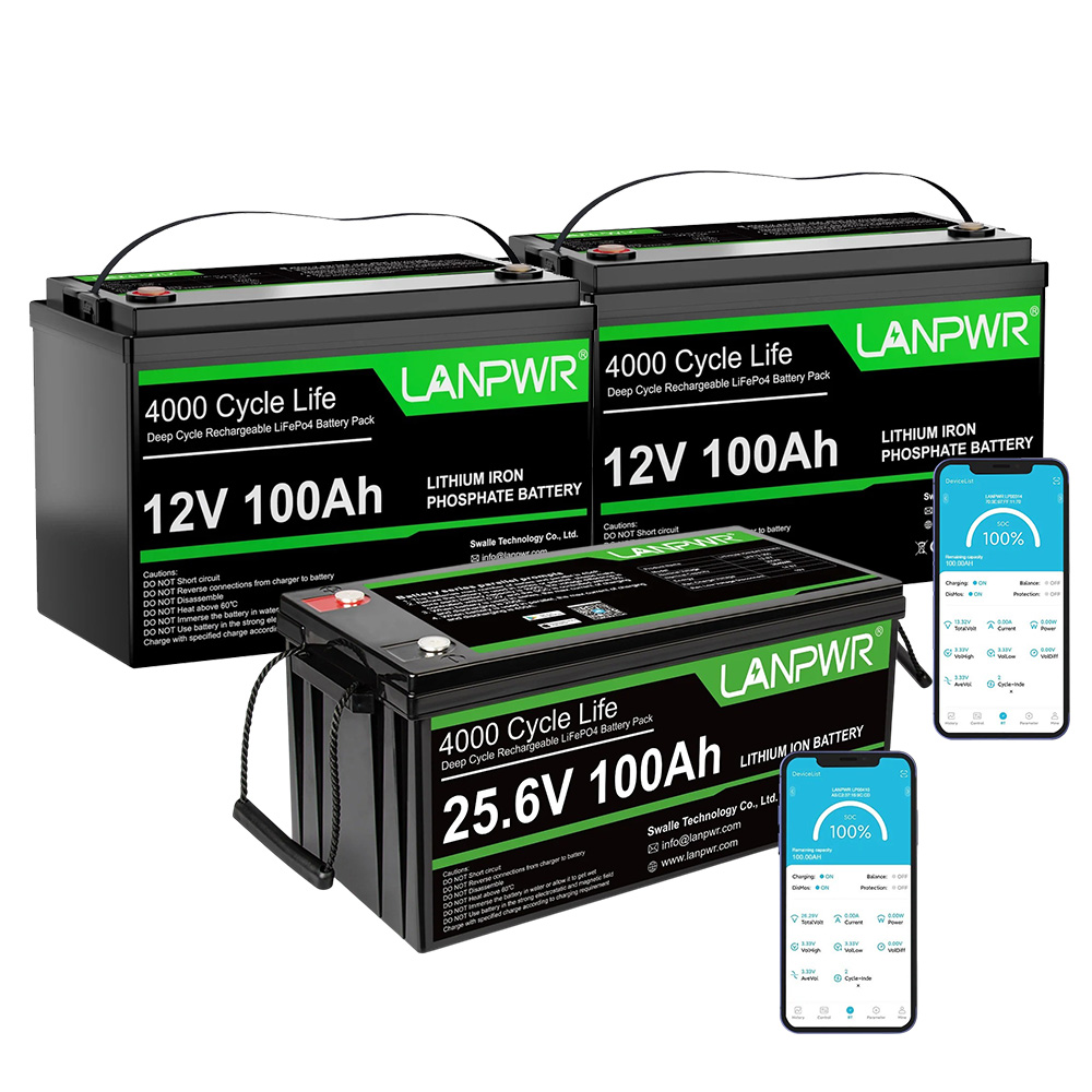 

LANPWR 24V 100Ah LiFePO4 Battery 2560Wh Bluetooth 5.0 + 12V 100Ah LiFePO4 Battery 1280Wh Bluetooth + 12V 100Ah LiFePO4 Battery 1280Wh Non-Bluetooth