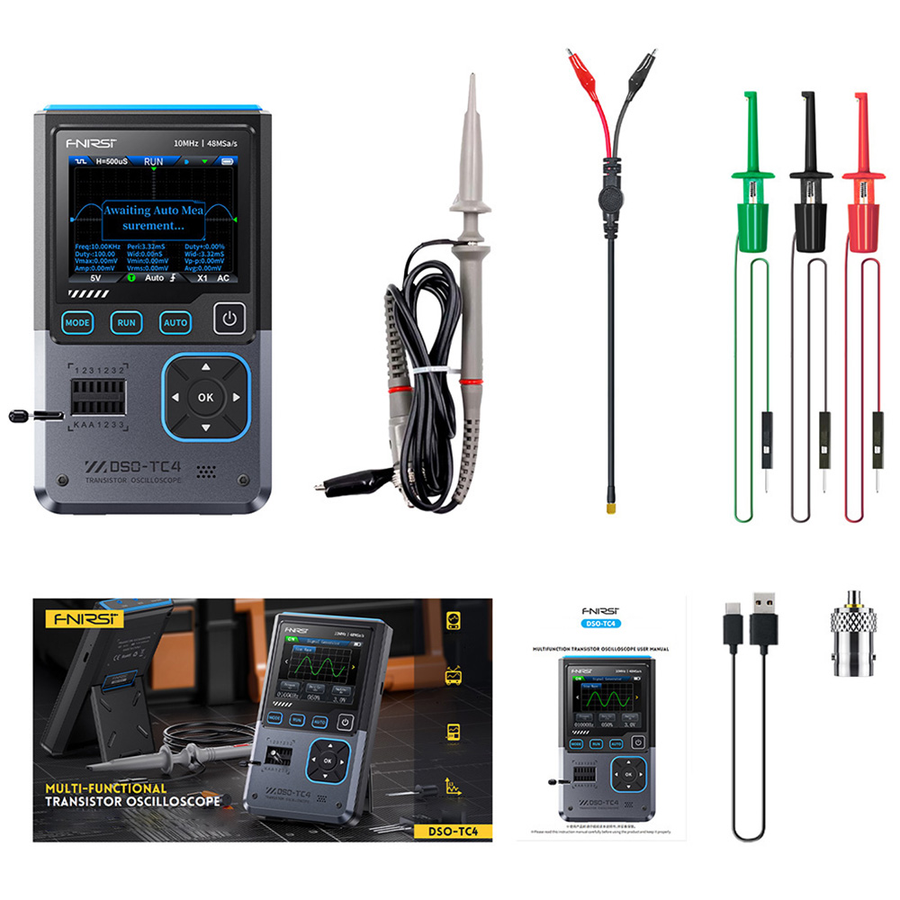 

FNIRSI DSO-TC4 Digital Oscilloscope, 10MHz Bandwidth, 48MSa/s Sampling, Signal Generator, Transistor Tester, 2.8" TFT Screen, 1500mAh Battery