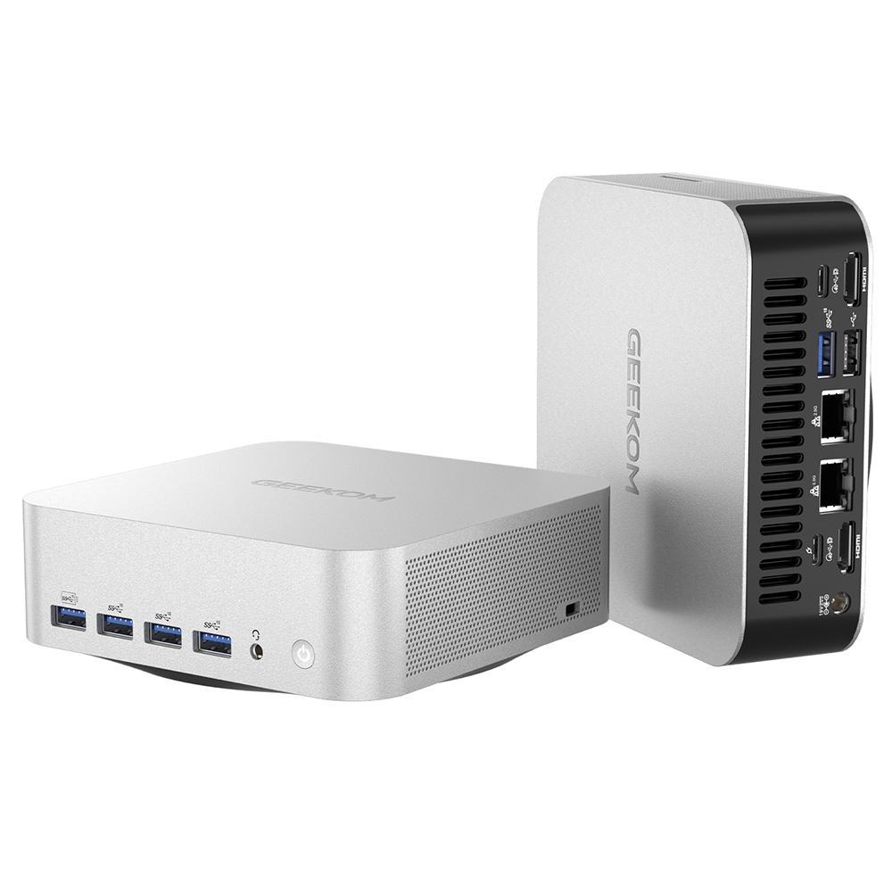 

GEEKOM A8 Max AI Mini PC, AMD Ryzen 7 8845HS 8 Core Max 5.1GHz, 32GB RAM 1TB SSD, 2*USB4 + 2*HDMI2.0 8K Quad Displays, WiFi 6E Bluetooth 5.2, Dual 2.5G LAN, 5*USB3.2, 1*USB2.0, 1*SD Card Reader, 1*3.5mm Audio Jack, IceBlast 2.0 Cooling System