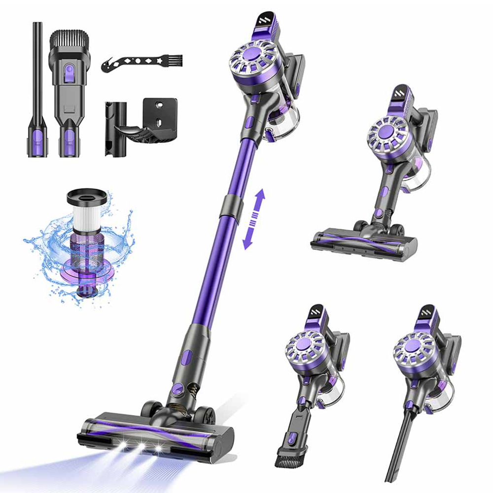 

Teendow V07 Cordless Vacuum Cleaner, 12KPa Powerful Suction, 30min Runtime, 2200mAh Battery, 0.9L Dust Cup, 5-Stage Filtration, Wall-Mounted Design for Hard Floors & Carpets, Purple