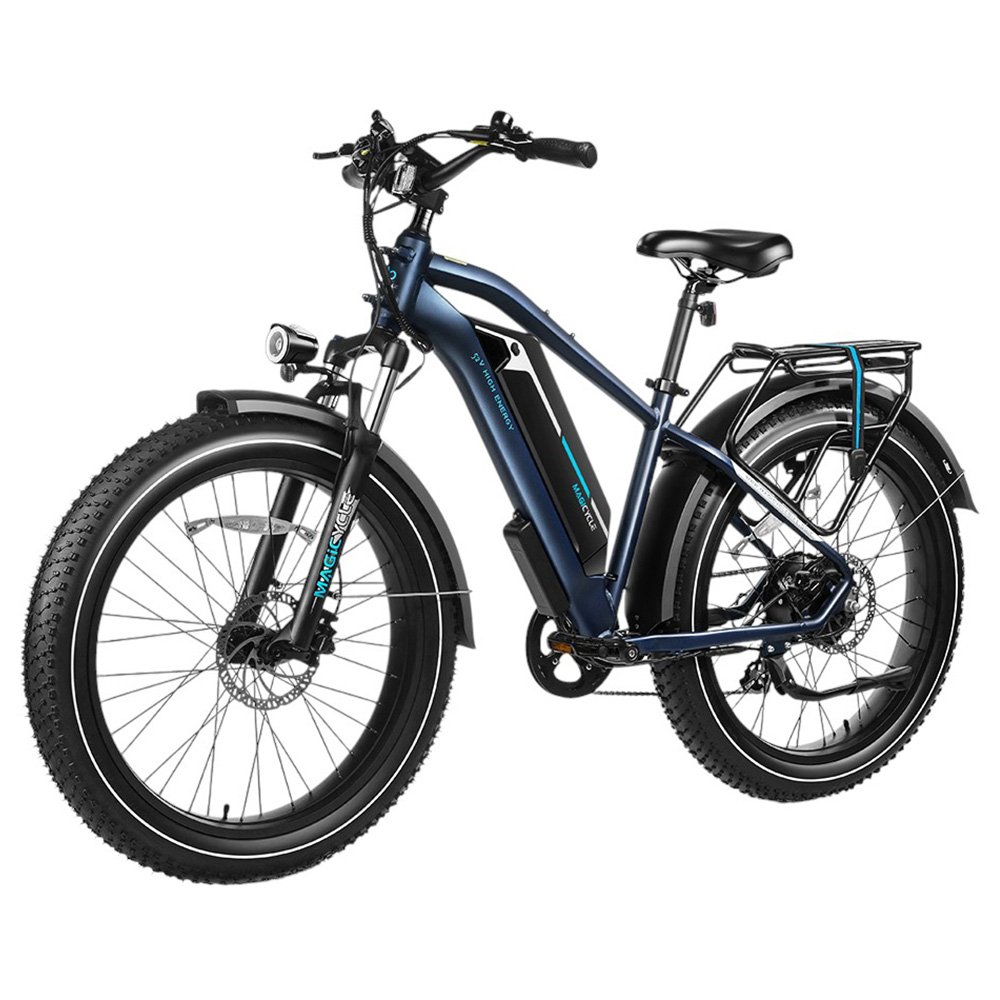 

Magicycle Cruiser Pro Step-over Electric Bike, 750W Motor, 52V 20Ah Battery, 26*4 inch Fat Tires, 28mph Max Speed, 100 Miles Range, Hydraulic Disc Brake, Hydraulic Suspension Front Fork, Shimano 7 speed - Blue