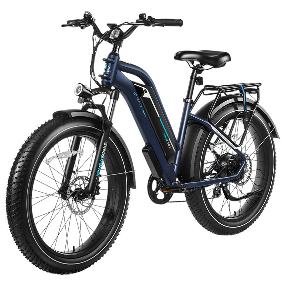 

Magicycle Cruiser Pro Step-thru Electric Bike, 750W Motor, 52V 20Ah Battery, 26*4 inch Fat Tires, 28mph Max Speed, 100 Miles Range, Hydraulic Disc Brake, Hydraulic Suspension Front Fork, Shimano 7 speed - Blue