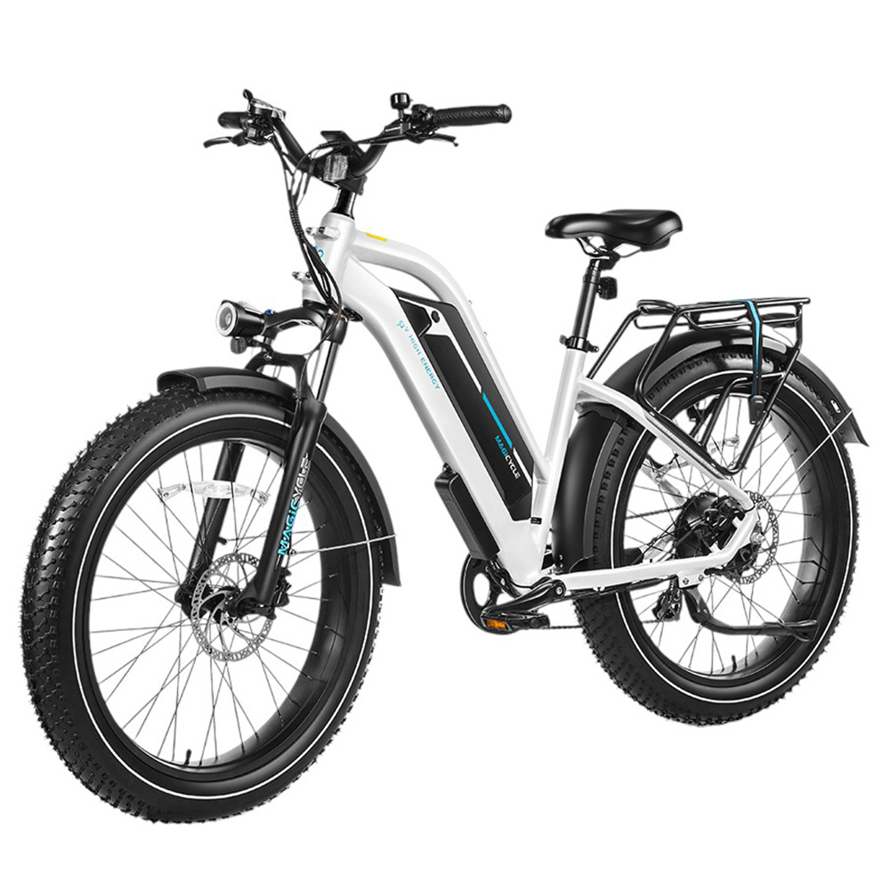 

Magicycle Cruiser Pro Step-thru Electric Bike, 750W Motor, 52V 20Ah Battery, 26*4 inch Fat Tires, 28mph Max Speed, 100 Miles Range, Hydraulic Disc Brake, Hydraulic Suspension Front Fork, Shimano 7 speed - White