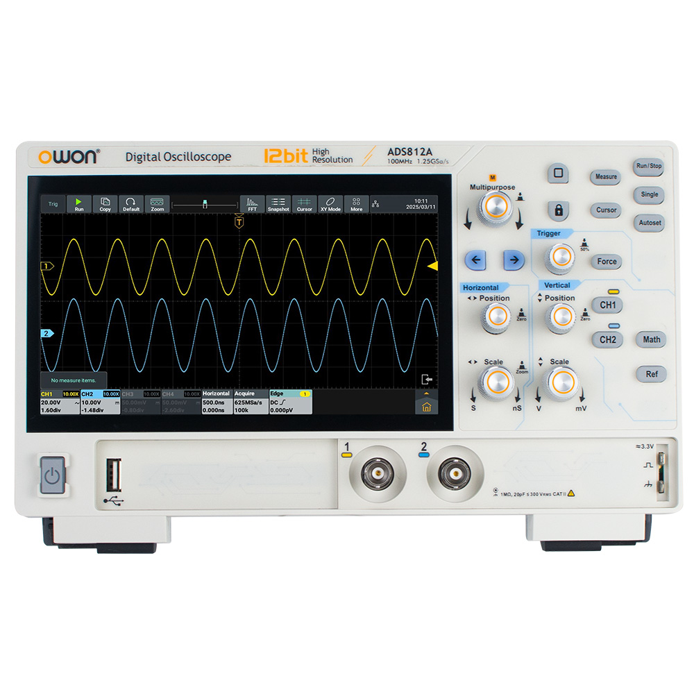 OWON ADS812A Digital Oscilloscope, 7-inch Touch Screen, 12Bit High Precision, Dual Channel, 100MHz Bandwidth, 1.25 GSa/s Sample Rate, 700,000 wfms/s Waveform, 50M Record, 500µV Resolution - UK Plug