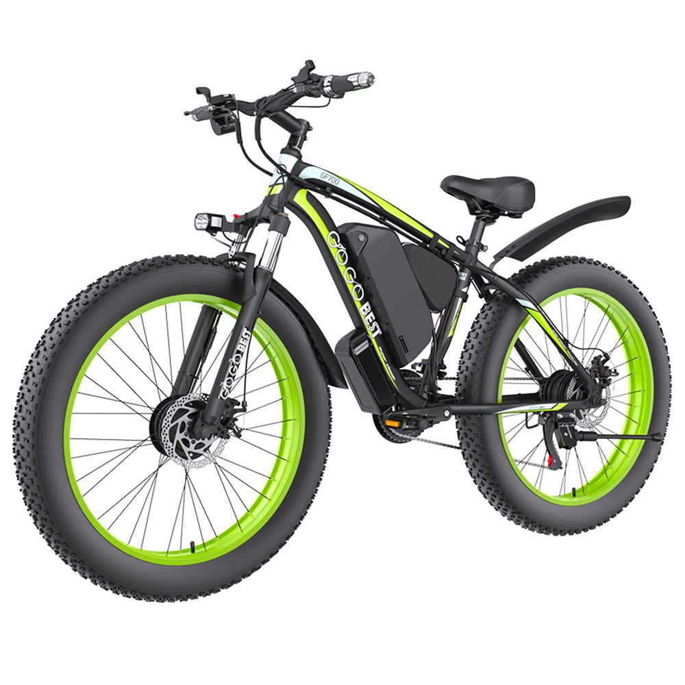 GOGOBEST GF700 Electric Bike, 2*500W Dual Motor, 48V 18.2Ah Battery, 26*4.0 inch Tires, 25km/h Max Speed, 70km Max Range, Mechanical Disc Brake, Front Fork Suspension, Shimano 21-speed - Black Green