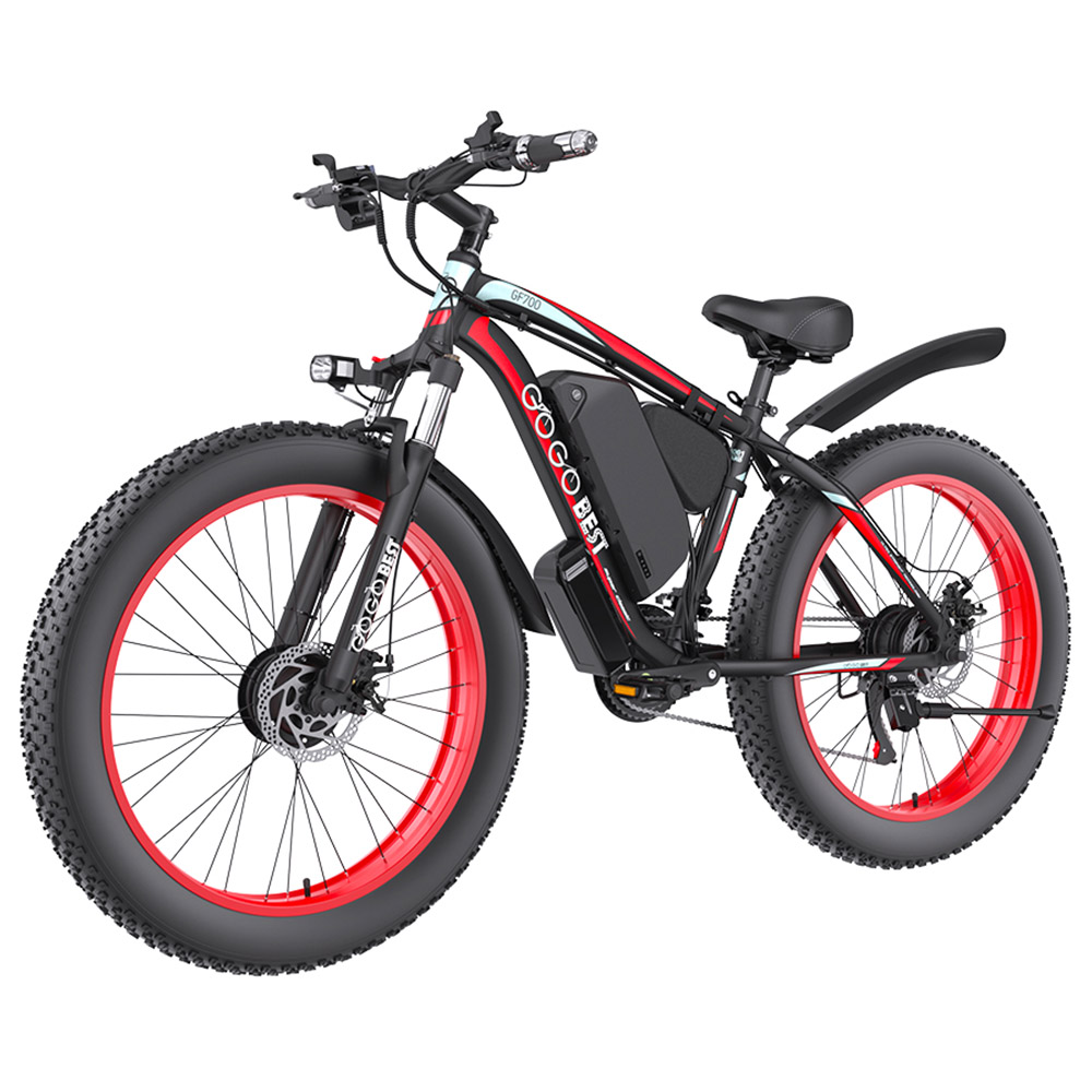 GOGOBEST GF700 Electric Bike, 2*500W Dual Motor, 48V 18.2Ah Battery, 26*4.0 inch Tires, 25km/h Max Speed, 70km Max Range, Mechanical Disc Brake, Front Fork Suspension, Shimano 21-speed - Black Red