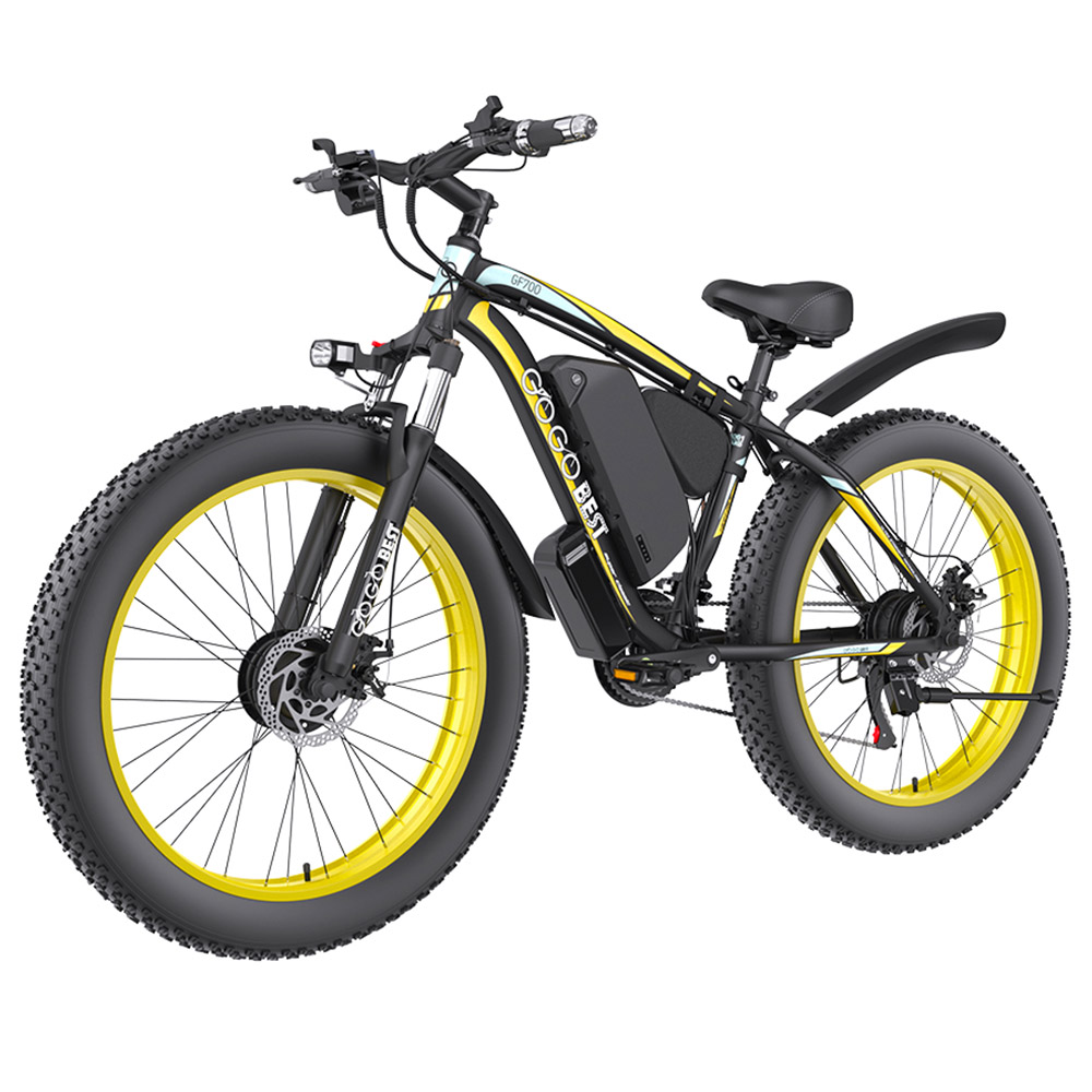 GOGOBEST GF700 Electric Bike, 2*500W Dual Motor, 48V 18.2Ah Battery, 26*4.0 inch Tires, 25km/h Max Speed, 70km Max Range, Mechanical Disc Brake, Front Fork Suspension, Shimano 21-speed - Black Yellow