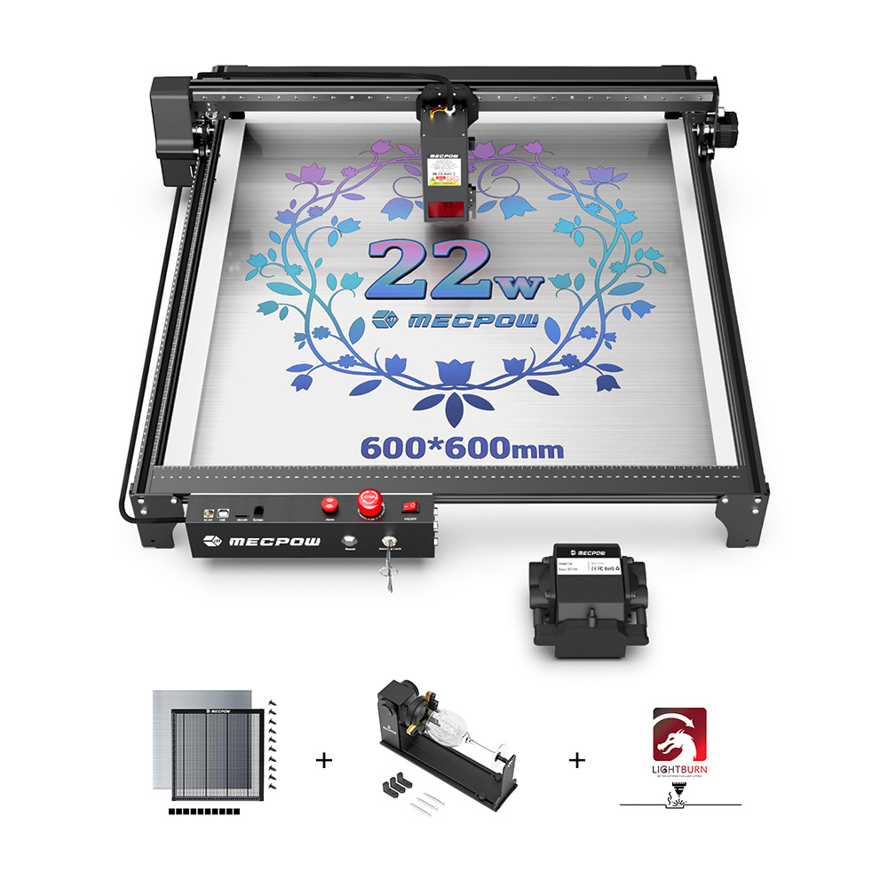 Mecpow X5 22W Laser + Laser Bed + Rotary Chuck + 1 Year LightBurn License