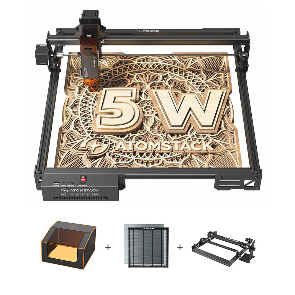 

ATOMSTACK A5 Pro V2 5W Laser Engraver + Mecpow H44 Laser Bed + G3 Pro Rotary Roller + FC1 Enclosure