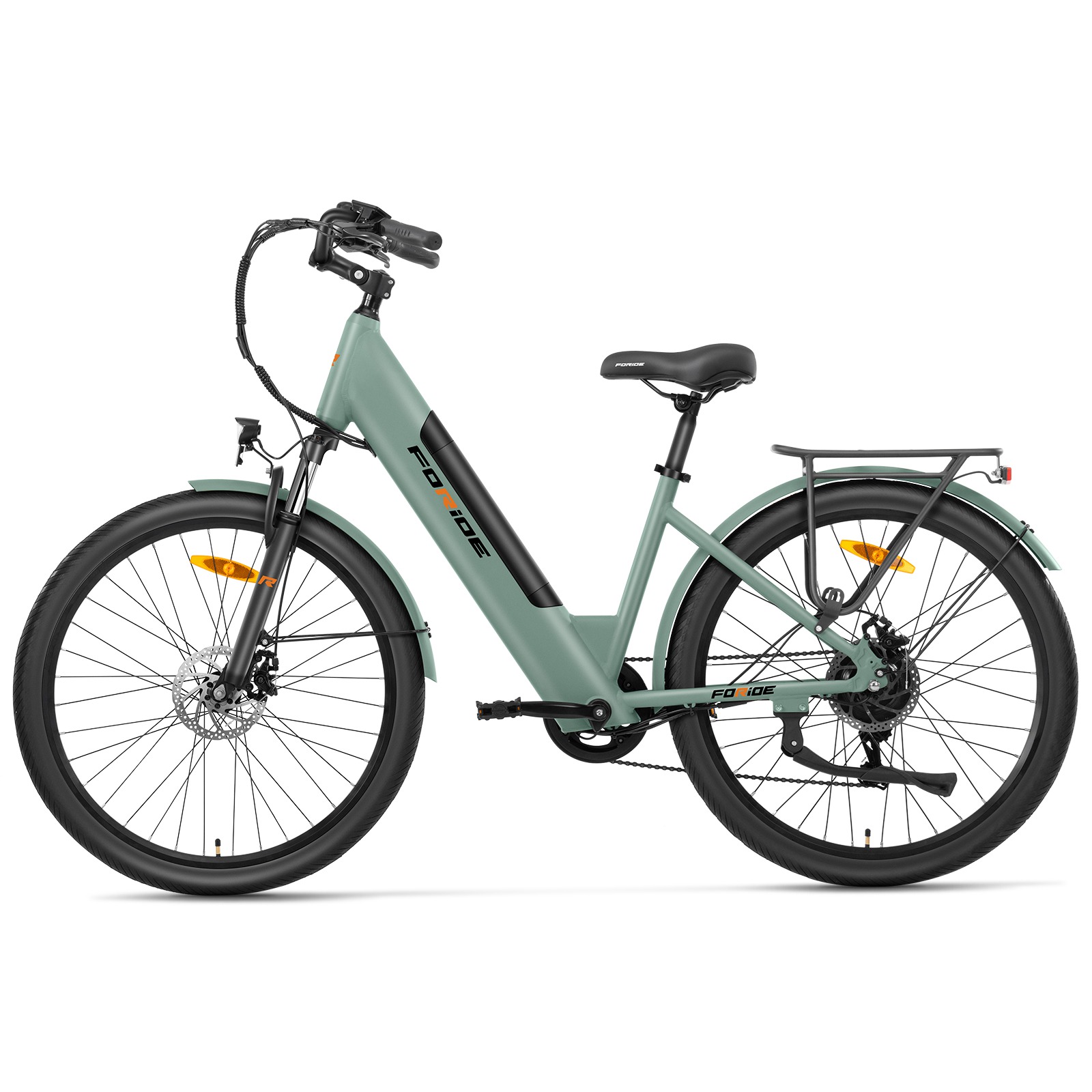 

Foride Roamer 1 Step-thru Electric Bike, 250W Motor, 36V 13Ah Battery, 27.5 inch Tires, 25km/h Max Speed, 100km Max Range, Disc Brake, Suspension with Lockout, Shimano 7-speed - Green