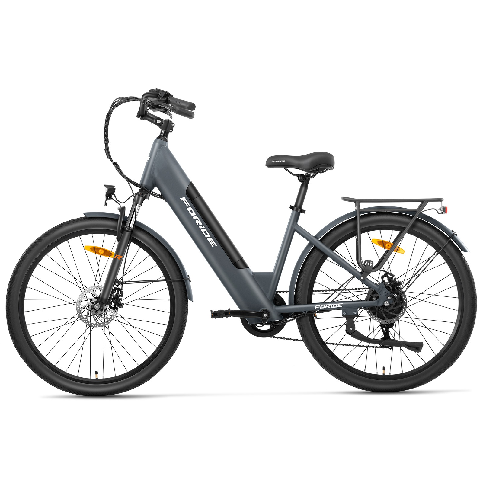 

Foride Roamer 1 Step-thru Electric Bike, 250W Motor, 36V 13Ah Battery, 27.5 inch Tires, 25km/h Max Speed, 100km Max Range, Disc Brake, Suspension with Lockout, Shimano 7-speed - Grey, Gray