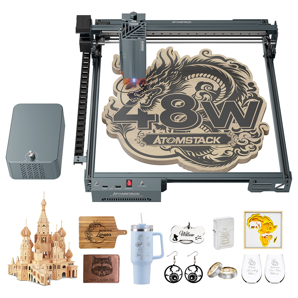 

ATOMSTACK A40 Pro V2 48W Laser Engraver, with Auto Air Assist, 500mm/s Speed, 0.01mm Precision, 0.08x0.1mm Laser Spot, 25mm Paulownia/ 9mm MDF Wood in One Pass, 395*385mm