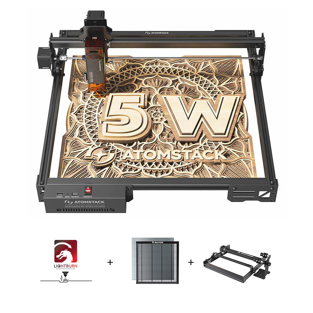 

ATOMSTACK A5 Pro V2 5W Laser Engraver + Mecpow H44 Laser Bed + G3 Pro Rotary Roller + 1 Year LightBurn License