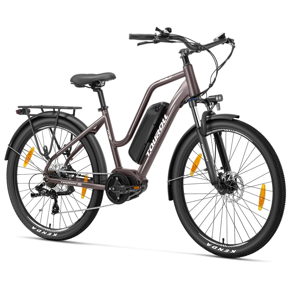 

Touroll MA2 Electric Bike, 250W Mid-Drive Motor, 36V 13Ah Battery, 27.5” Tires, 25km/h Max Speed, 100km Max Range, Hydraulic Disc Brake, Suspension Fork with Lockout, Shimano 7-speed - Brown