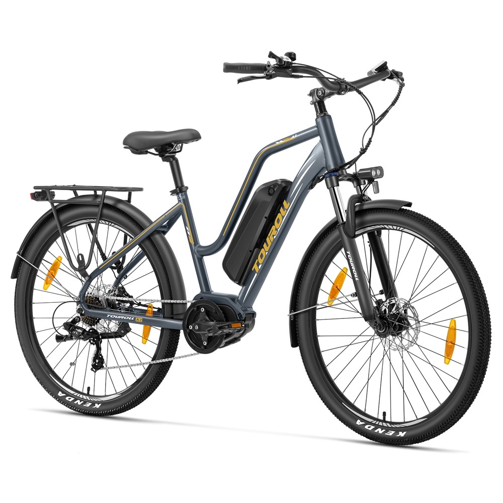 

Touroll MA2 Electric Bike, 250W Mid-Drive Motor, 36V 13Ah Battery, 27.5” Tires, 25km/h Max Speed, 100km Max Range, Hydraulic Disc Brake, Suspension Fork with Lockout, Shimano 7-speed - Grey, Gray