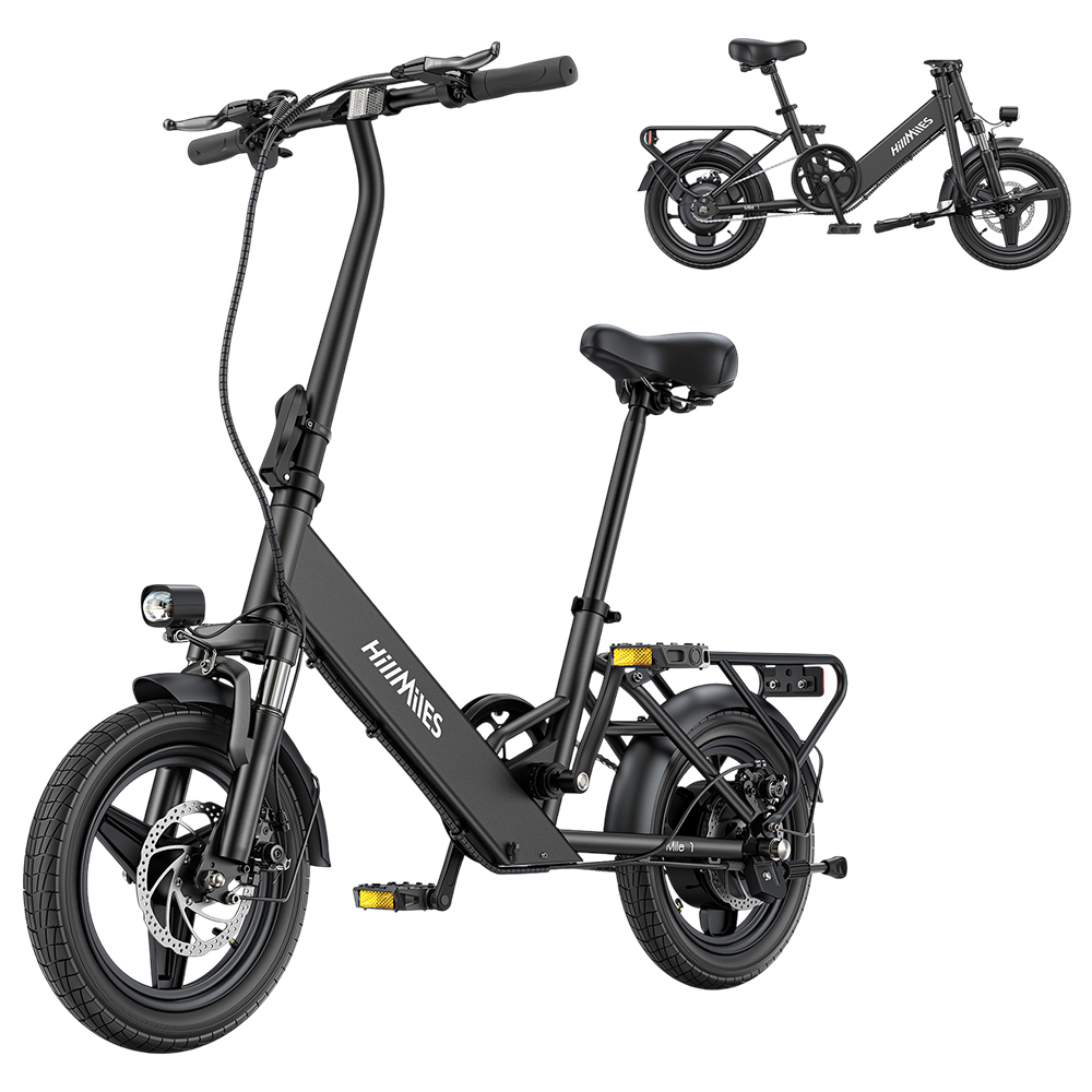 

HillMiles Mile 1 Electric Bike, 250W Motor, 36V 10.4Ah Battery, 14 inch Tires, 25km/h Max Speed, 60km Range, Mechanical Disc Brakes, Front Fork Suspension - Black