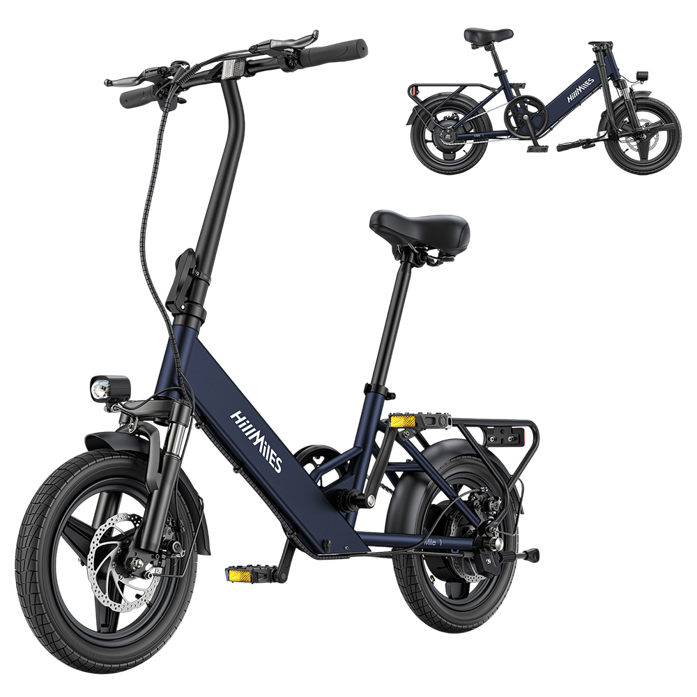 

HillMiles Mile 1 Electric Bike, 250W Motor, 36V 10.4Ah Battery, 14 inch Tires, 25km/h Max Speed, 60km Range, Mechanical Disc Brakes, Front Fork Suspension - Blue