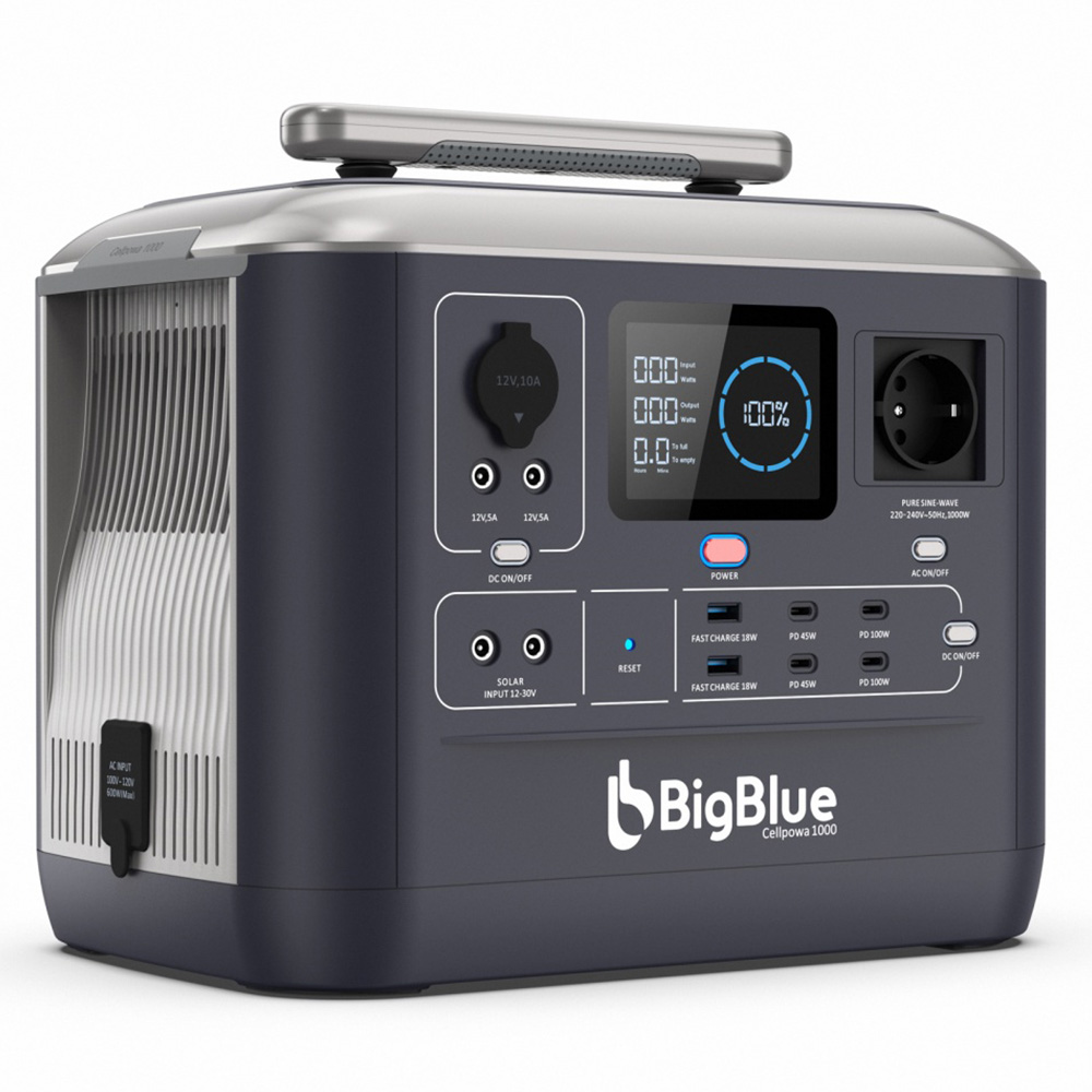 

BigBlue CellPowa 1000 Portable Power Station, 1075Wh 1000W Solar Generator, LiFePO4 3500+ Cycle, 0-80% in 1.5Hrs, 4*AC, 2*DC, 2*USB-A, 4*USB-C, 1*Car Port